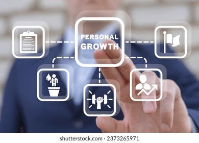 Man using virtual touch screen presses text: PERSONAL GROWTH. Concept of personal growth. Self-improvement and self-development concept. Growth personality, Development, Motivation, Ambition, Career.