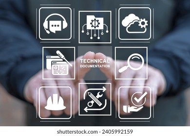 Man using virtual touch screen presses inscription: TECHNICAL DOCUMENTATION. Concept of technical documentation. Information book and instructions. Technical document, engineer guide.