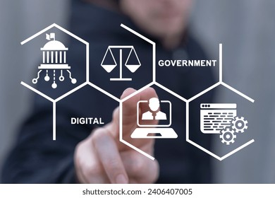 Man using virtual touch screen sees text: DIGITAL GOVERNMENT. Electronic government concept. Modern governance technologies. Digitalization. Digital transformation public government sector.