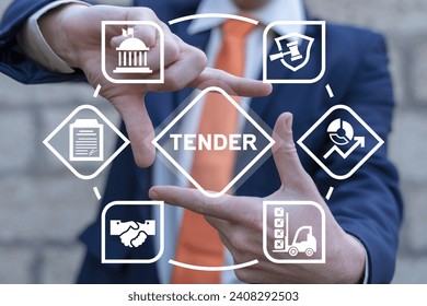 Man using virtual touch screen sees word: TENDER. Tender business concept. Launched a tender for product, company.