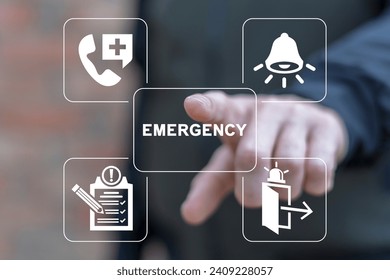 Man using virtual touch screen presses button with word: EMERGENCY. Business emergency plan concept. Checklist to do in disaster, continue business and build resilience concept.