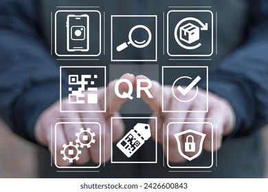 Man using virtual touch screen presses abbreviation: QR. QR code sample for smartphone scanning. Verification QR code. Concept following a link. Scans the barcode.
