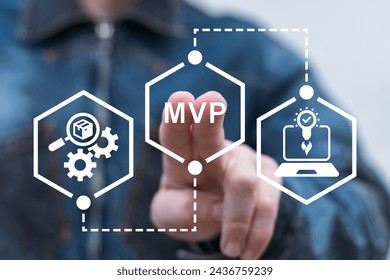 Man using virtual touch screen presses abbreviation: MVP. Minimum Viable Product ( MVP ) Business concept for lean startup. Life cycle of product development. Analysis and market validation.