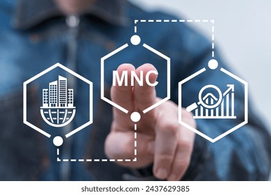 Man using virtual touch screen presses abbreviation: MNC. Multinational Corporation (MNC) business strategy concept. Standardizing products and services around the world to gain efficiency.