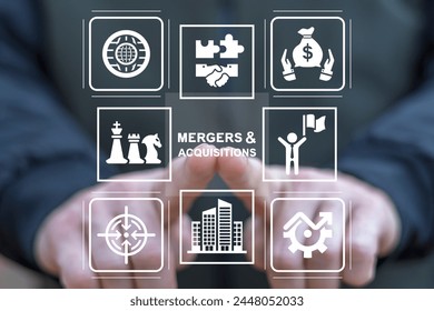 Man using virtual touch screen presses inscription: MERGERS AND ACQUISITIONS. Business mergers and acquisitions development model concept. Share acquisition, asset business acquisition, amalgamation.