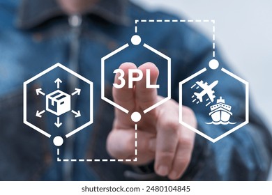 Man using virtual touch screen presses abbreviation: 3PL. Third Party Logistics ( 3PL ) Business concept. Integrated warehousing and transportation operation service.