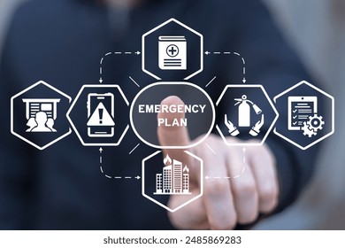 Man using virtual touch screen clicks inscription: EMERGENCY PLAN. Business emergency plan concept. Checklist to do in disaster, continue business and build resilience concept. Smart emergency plan.