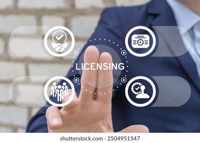 Man using virtual touch screen presses text: LICENSING. License agreement business technology concept. Copyright protection law license property rights.