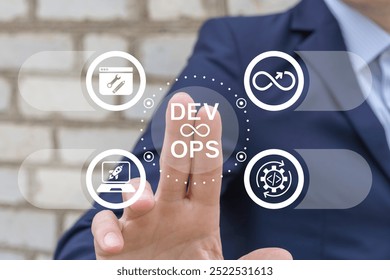 Man using virtual touch screen presses text: DEV and OPS. DEVOPS software agile development and IT operations methodology concept. Dev Ops Information Technology.