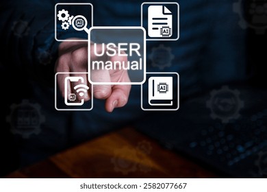 Man using virtual touch screen clicks a user guide inscription. User Manual Guide Business Service Communication Internet Technology Concept. Faded icons appear in background of user manual.