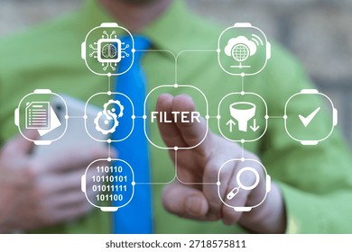 Man using virtual touch screen presses the word FILTER. Data Filter Technology concept. Data filtration, symbolizing the process of sifting through vast information and extracting valuable insights.