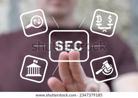 Man using virtual touch screen presses acronym: SEC. Concept of Security Exchange Committee (SEC). SEC exercises control of Exchange Traded Fund (ETF).