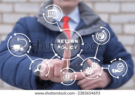 Man using virtual touch screen presses inscription: RETURN POLICY. Concept of return policy and send package back to get money refund. Shopping purchase compensation after customer guarantee terms.