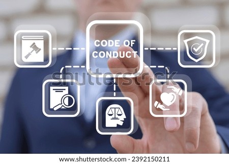 Man using virtual touch screen presses text: CODE OF CONDUCT. Ethical policy or rules, regulation or principles guideline for work responsibility, compliance document or company standard concept.