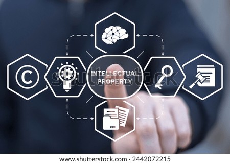 Man using virtual touch screen presses inscription: INTELLECTUAL PROPERTY. Intellectual Property Rights, Copyright, Patent or Trademark Infringement.