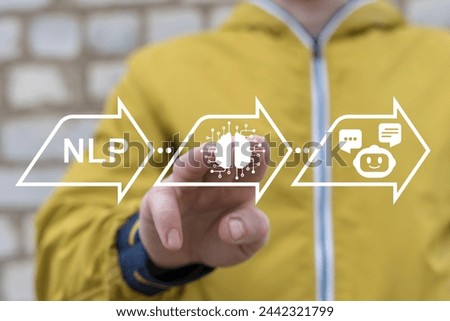Man using virtual touch screen sees abbreviation: NLP. NLP Natural Language Processing neural network concept. NLP Speech Recognition, Conversational AI and Computational Linguistics Technology.
