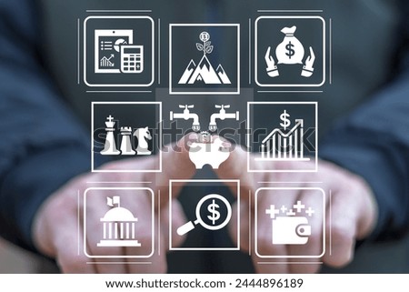 Man using virtual touch screen presses button: piggy bank with money cash coin taps. Concept of multiplying sources of revenue. Multiple streams of income.