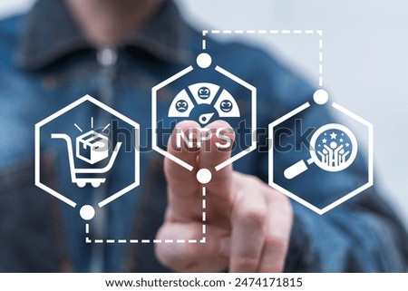 Man using virtual touch screen presses abbreviation: NPS. Concept of NPS Net Promoter Score. Customer loyalty index. Marketing Business Education Data Accounting Technology.