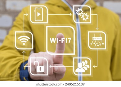 Man using virtual touchscreen clicks text: WI-FI 7. Wi-Fi 7 next standard latest generation of bandwidth four times faster than Wi-Fi 6. WiFi7 concept of more efficient bandwidth with new technologies