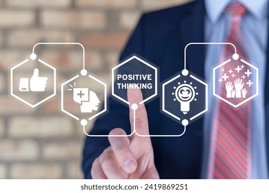 Man using virtual touchscreen clicks text: POSITIVE THINKING. Positive thinking concept. Optimism, be loved, healthy lifestyle, happiness, positive mindset, emotional intelligence, happy attitude.