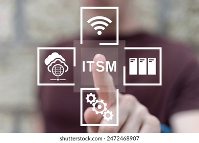 Man using virtual touchscreen clicks abbreviation: ITSM. Information Technology Service Management ( ITSM ) Framework Concept. Asset, knowledge, service, incident, request strategy and improvement.