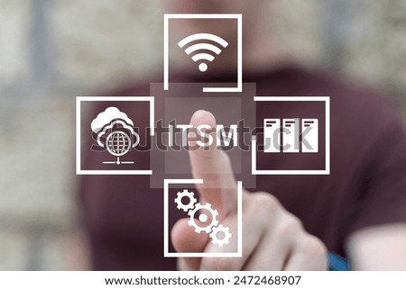 Man using virtual touchscreen clicks abbreviation: ITSM. Information Technology Service Management ( ITSM ) Framework Concept. Asset, knowledge, service, incident, request strategy and improvement.