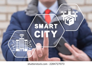 Man using virtual touchscreen presses inscription: SMART CITY. Concept of smart city with smart services, internet of things, drone automatic delivery, networks and augmented reality. - Powered by Shutterstock