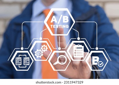 Man using virtual touchscreen presses inscription: A B TESTING. AB testing wireframe campaign for web website home homepage. AB Testing Method. Internet pages A-B comparison and split testing. - Shutterstock ID 2311947329