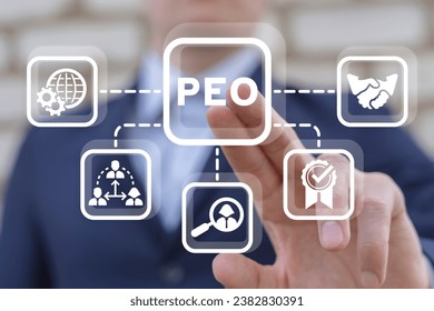 Man using virtual touchscreen presses abbreviation: PEO. Concept of PEO Professional Employer Organization. Business HR Human Resources.