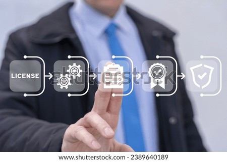 Man using virtual touchscreen sees word: LICENSE. Licensing. License agreement business technology concept. Copyright protection law license property rights.