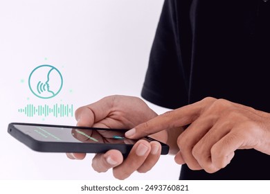 Man using virtual voice assistant or voice note on a smartphone - Powered by Shutterstock