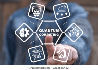 Man using virual touchscreen clicks text: QUANTUM COMPUTING. Concept of quantum computing. Quantum computer, artificial intelligence, innovative calculations, future digital technology. Supercomputing