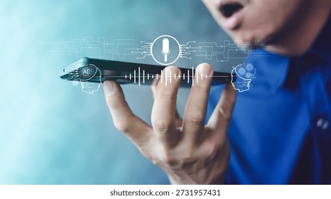 Man using voice command on smartphone, AI speech recognition UI with microphone icon and soundwave, concept for digital assistant, dictation, translation, and smart tech. - Powered by Shutterstock - Get 15% off with code: PIKWIZARD15