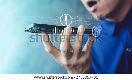 Man using voice command on smartphone, AI speech recognition UI with microphone icon and soundwave, concept for digital assistant, dictation, translation, and smart tech.