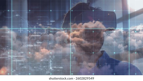 Man using VR headset exploring digital cloud technology in modern office. innovation, virtual reality, futuristic, simulation