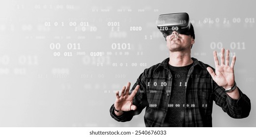 Man using VR headset, immersed in virtual reality. VR headset and virtual reality technology photo with number overlay. A man exploring digital world with VR. VR virtual reality technology concept. - Powered by Shutterstock