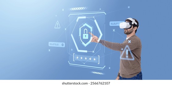 Man using a VR headset interacting with a futuristic virtual interface featuring a padlock symbol, on a blue background, concept of cybersecurity