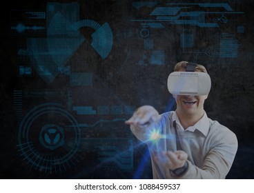 man using vr headset with lights