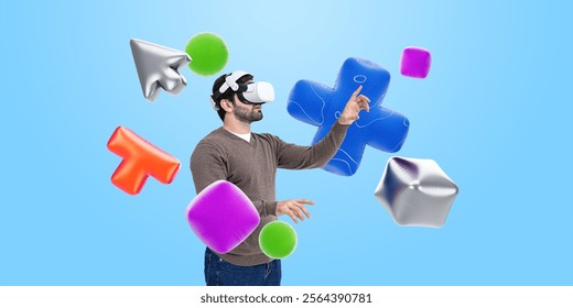 Man using VR headset, reaching for colorful floating shapes on blue background, concept of virtual reality and technology - Powered by Shutterstock