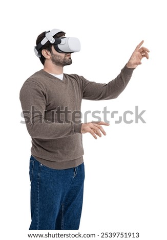 Man using VR headset, reaching out with hand. Isolated on white background. Concept of virtual reality and technology