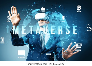 A man using a VR headset, surrounded by a digital globe and virtual icons. The background showcases a futuristic concept of the metaverse