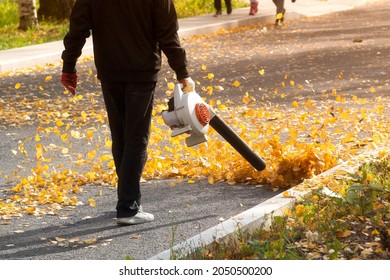 A Man, A Utility Worker, Removes Leaves From The Road With A Special Device.