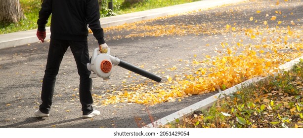 A Man, A Utility Worker, Removes Leaves From The Road With A Special Device.