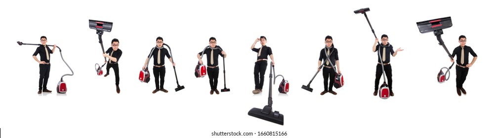 Man With Vacuum Cleaner Isolated On White