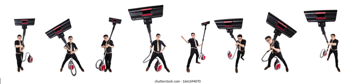 Man With Vacuum Cleaner Isolated On White