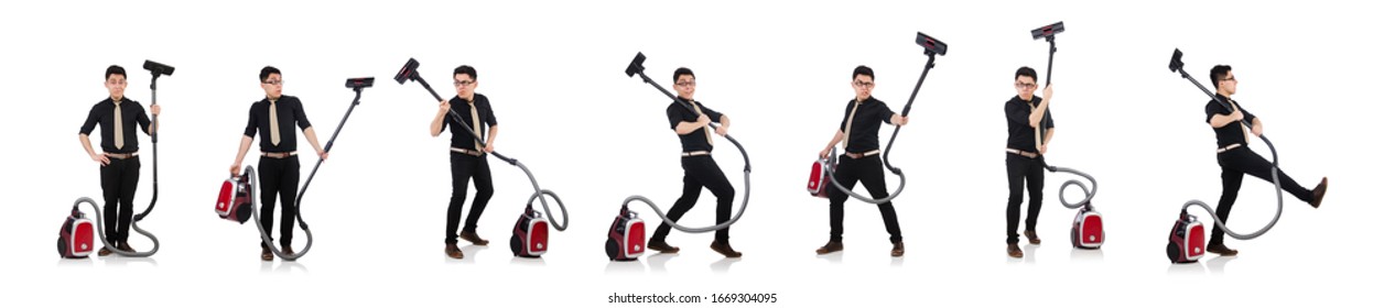 Man With Vacuum Cleaner Isolated On White