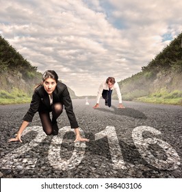 Man Versus Woman On A Road With Year 2016 Painted On It