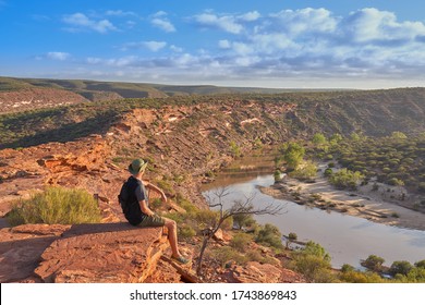 Man in the Viewpoint overlooking in Kalbarri NP, Western Australia                               