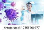 Man virologist. Bacteria near researcher. Laboratory assistant at desk with laptop. Virologist examines patient tests. Virus molecules fly in air. Man virologist in white coat. Doctor, biologist