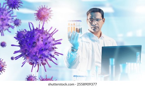 Man virologist. Bacteria near researcher. Laboratory assistant at desk with laptop. Virologist examines patient tests. Virus molecules fly in air. Man virologist in white coat. Doctor, biologist